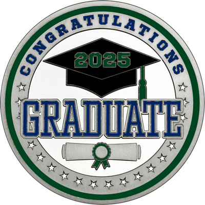 Navy Blue "Congratulations Graduate" with Dark Green 2025, Rim, Tassel & Ribbon